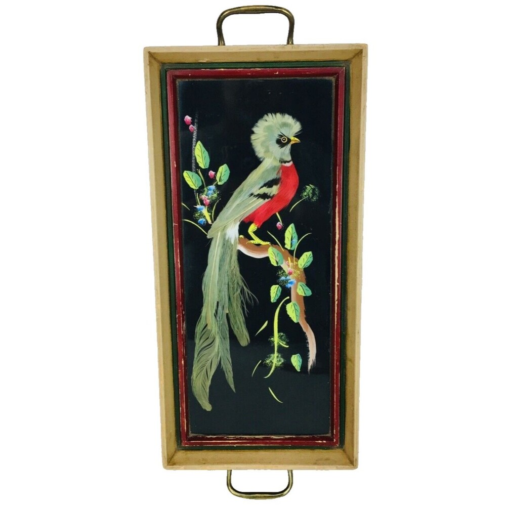 VTG Original Bird Painting Genuine Feathers Wood Frame Tabletop Tray Mexico Art